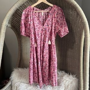 Spell & the Gypsy Poppy Smock Mini Dress Floral Print Puff Sleeve Tassel Small